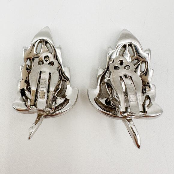 Vintage Bellini Earrings Signed Crystal Rhinestone Leaf Spray Silver Tone - Picture 7 of 12